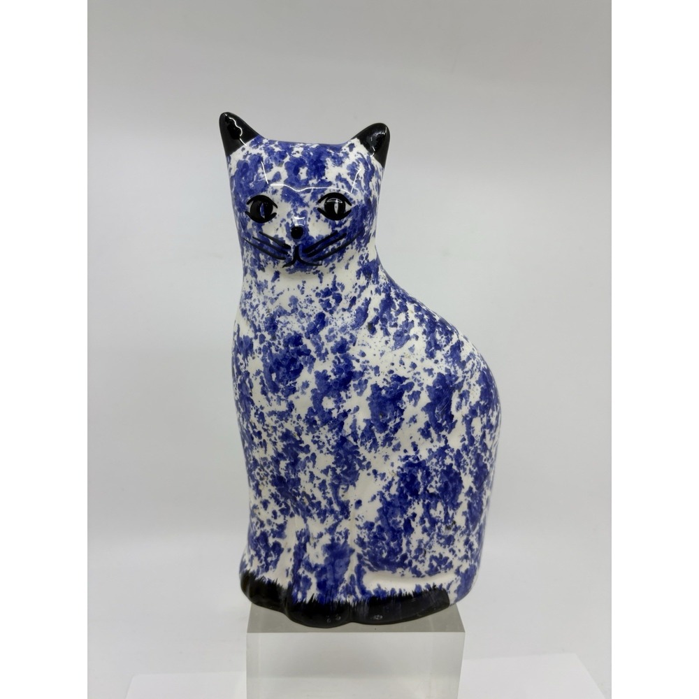 VTG Enesco  Blue Speckle Sponge Wear Ceramic Cat Statue Figurine 10" Read*